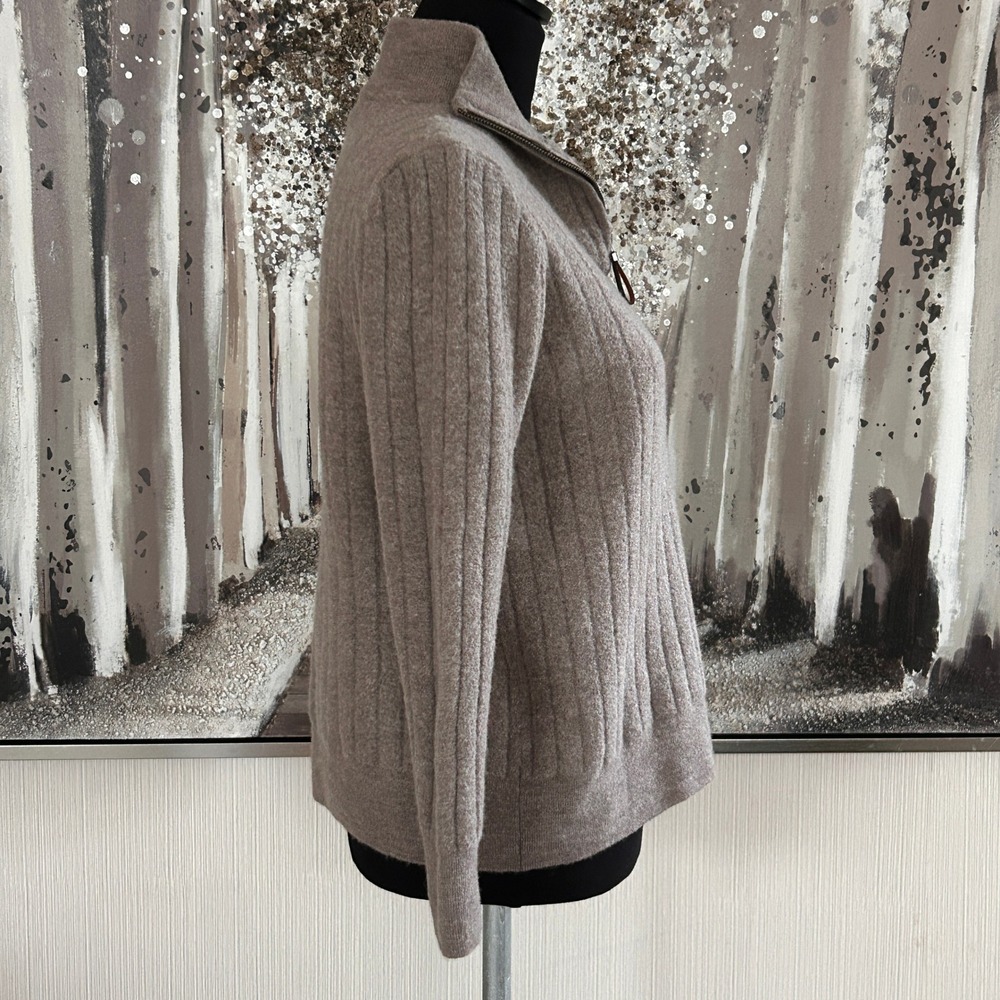 Jason Wu 100% Merino Wool Ribbed Quarter-Zip Taupe Sweater - Large - Picture 4 of 6
